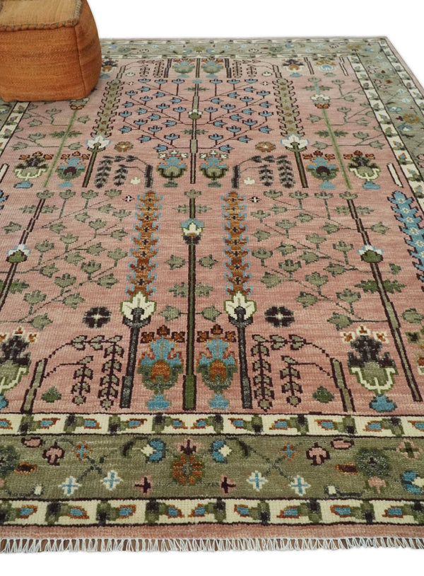 Pink, Olive and Beige Traditional Vintage Style Wool Rug