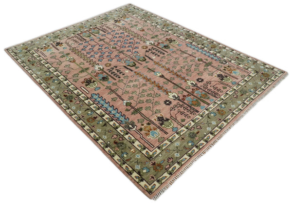 Pink, Olive and Beige Traditional Vintage Style Wool Rug