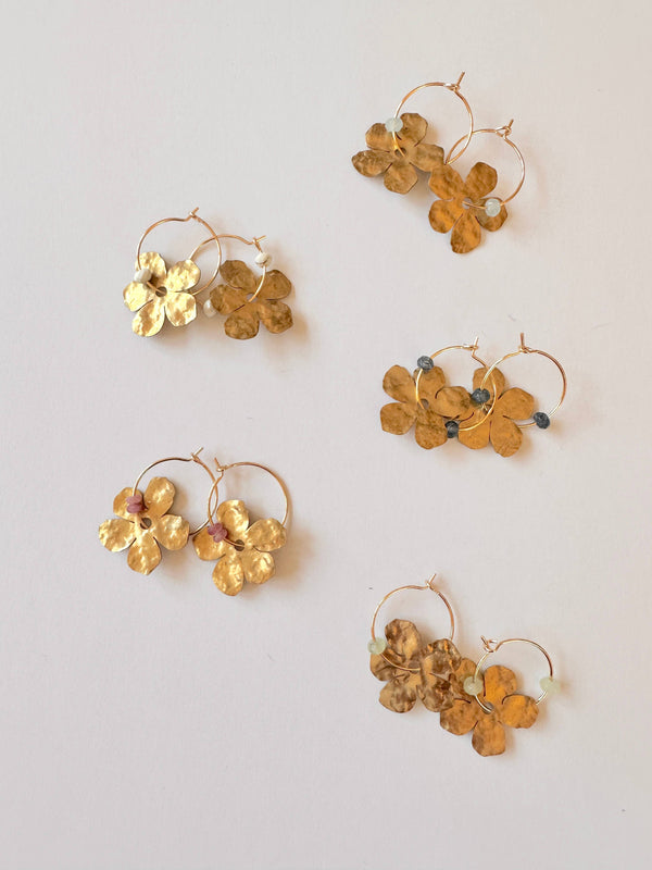 Gold Filled Hoop Hammered Brass Flower Earrings - White