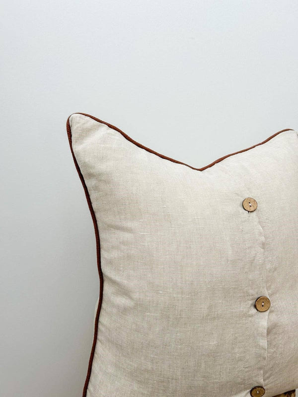 Linen Cushion Cover with Piped Edge - Natural with Coffee Pi