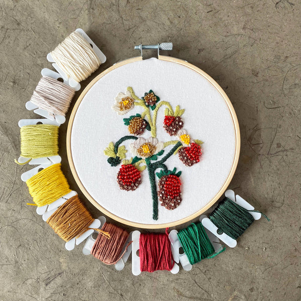 DIY Embroidery and Beadwork Kit - Strawberry Blossoms (5")