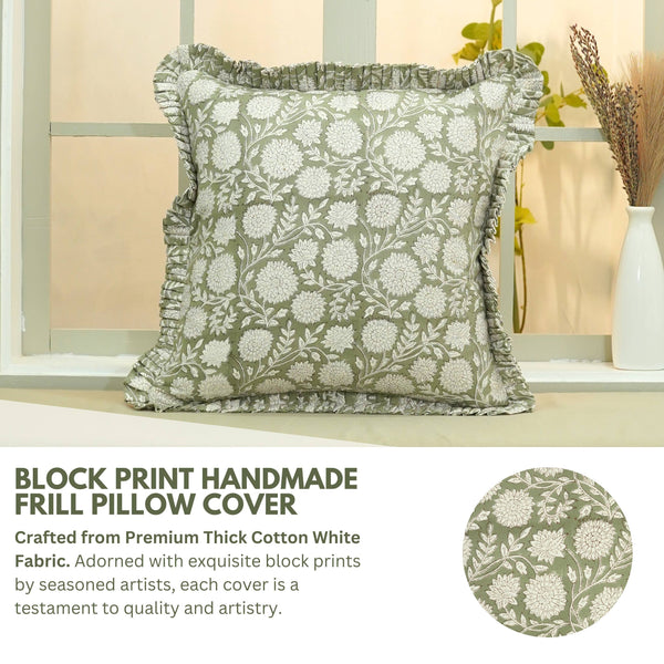 Elegant Thick Cotton White Printed Frill Pillow Cover- Rajat