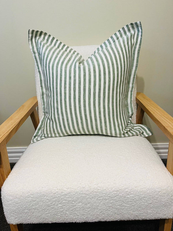 Pure French Linen Cushion Cover with Flange Detail - Celtic Green Stripe