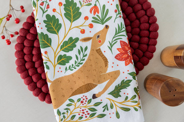 Christmas Forest Tea Towel – Woodland Animals & Poinsettias