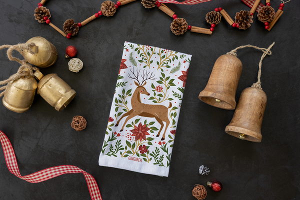 Christmas Forest Tea Towel – Woodland Animals & Poinsettias