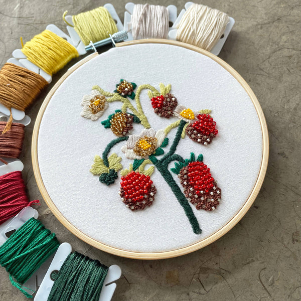 DIY Embroidery and Beadwork Kit - Strawberry Blossoms (5")