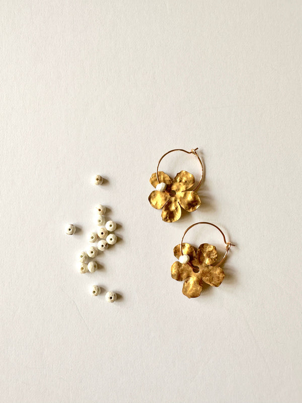 Gold Filled Hoop Hammered Brass Flower Earrings - White