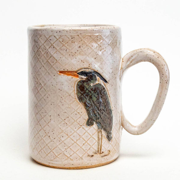 Blue Heron Pattern Handmade Ceramic White 16oz Mug