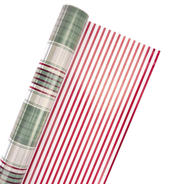 30" x 10' Reversible Holiday Wrapping Paper | Large Red and Green Plaid/Red and White Stripe