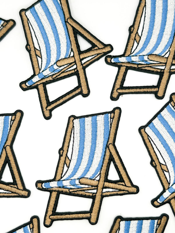 Beach Chair Embroidered Patch Blue White Striped Coastal