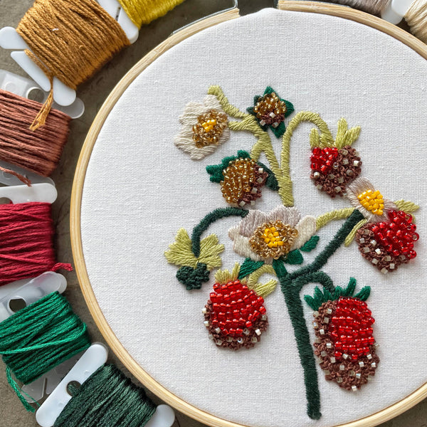 DIY Embroidery and Beadwork Kit - Strawberry Blossoms (5")