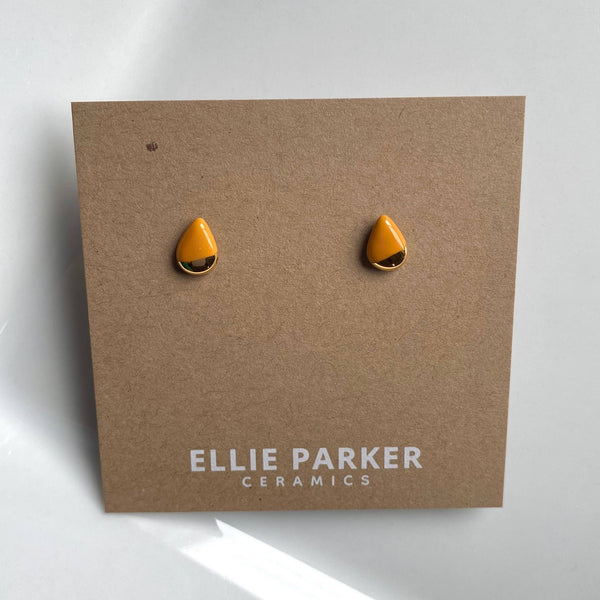 Teardrop Mustard Ceramic Gold Accent Stud Earrings
