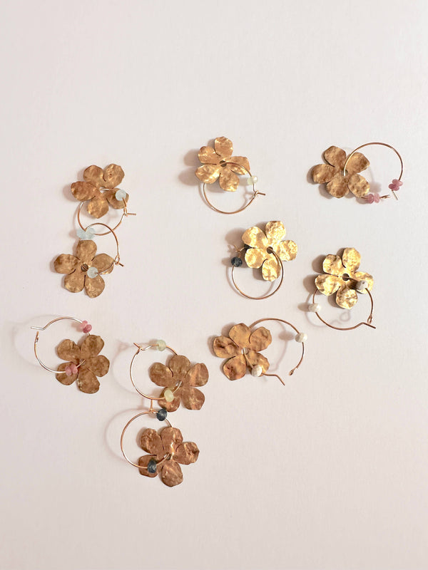 Gold Filled Hoop Hammered Brass Flower Earrings - Lt Green