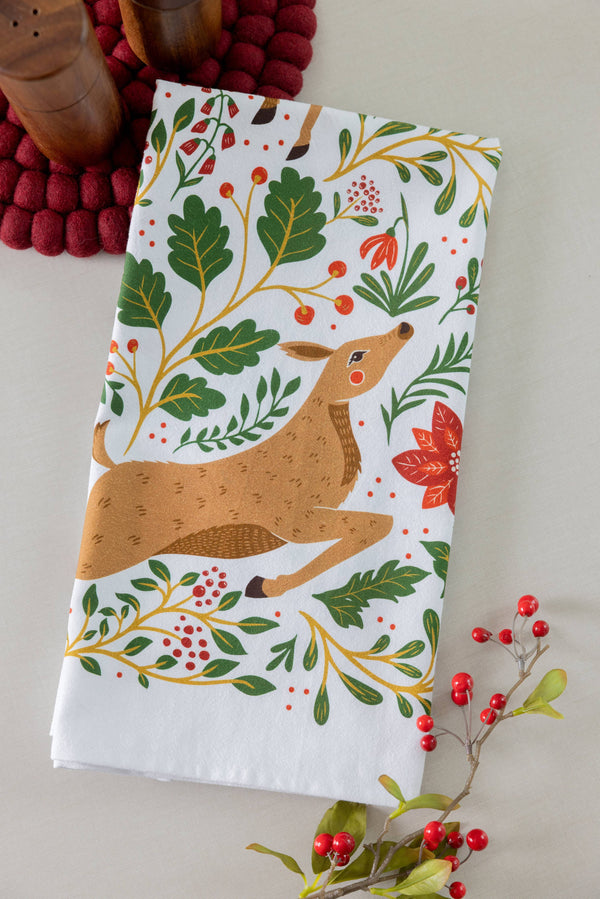 Christmas Forest Tea Towel – Woodland Animals & Poinsettias