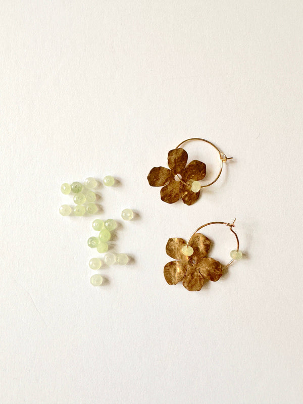 Gold Filled Hoop Hammered Brass Flower Earrings - Lt Green