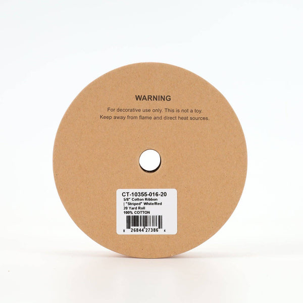 5/8" Cotton Ribbon | "Striped" White/Red | 20 Yard Roll