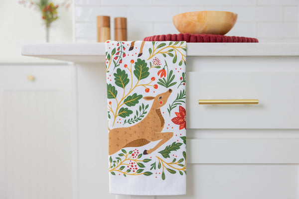 Christmas Forest Tea Towel – Woodland Animals & Poinsettias