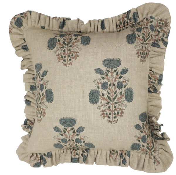 Unique Thick Linen Block Print Frill  Pillow Cover-Swadesh