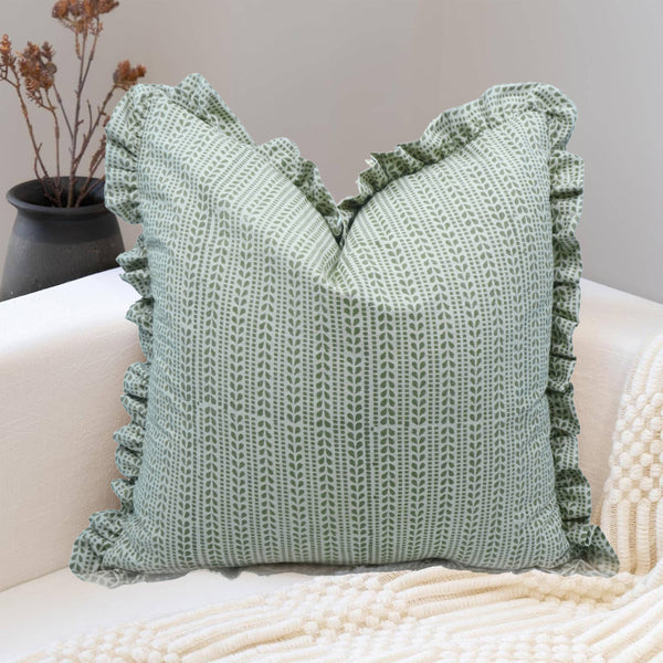 Hand Block Design Linen Blend Frill Pillow Cover - Ratanbel