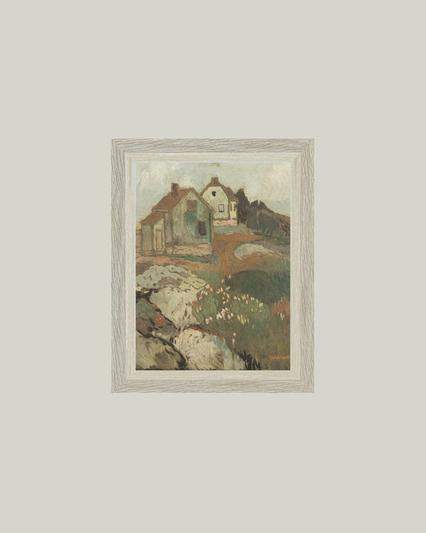 Landscape with Houses Framed Antique Art