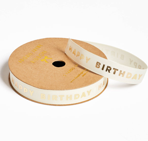 Happy Birthday Cream Grosgrain Ribbon with Gold Foil