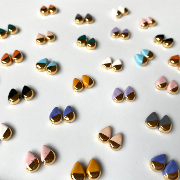 Teardrop Mustard Ceramic Gold Accent Stud Earrings