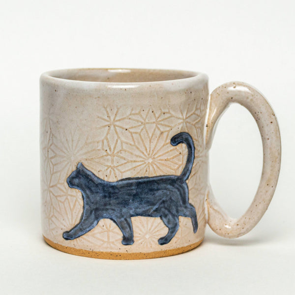 Black Walking Cat Handmade in Ohio Ceramic White 10 oz Mug