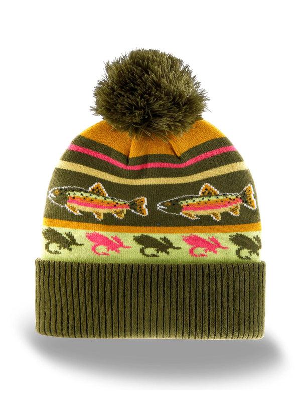Rainbow Trout Knit Beanie with Pom Pom Winter Hat Fishing Lure Outdoor Camp Gear