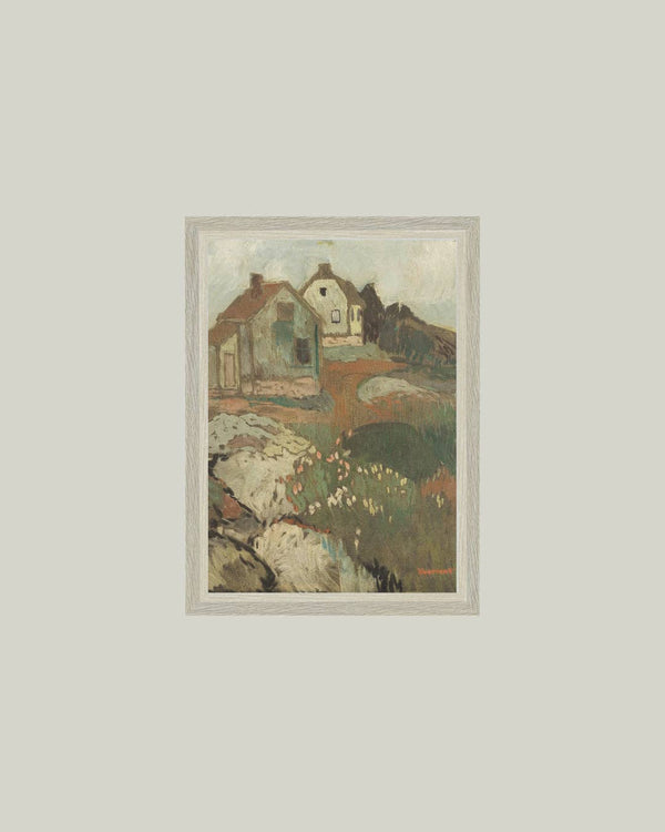 Landscape with Houses Framed Antique Art