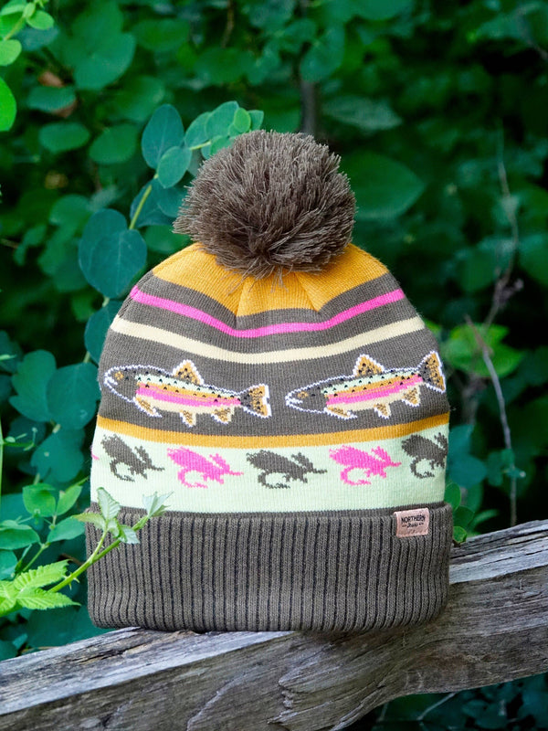 Rainbow Trout Knit Beanie with Pom Pom Winter Hat Fishing Lure Outdoor Camp Gear