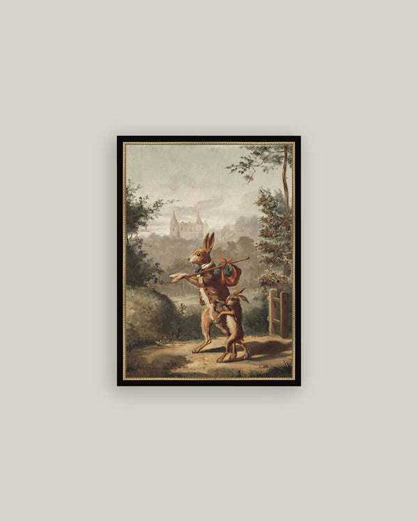 Traveling Rabbit Framed Antique Art