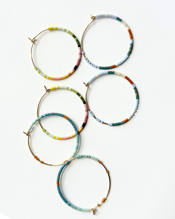 Japanese Glass Beaded Hoop Earrings  - Green, Pink