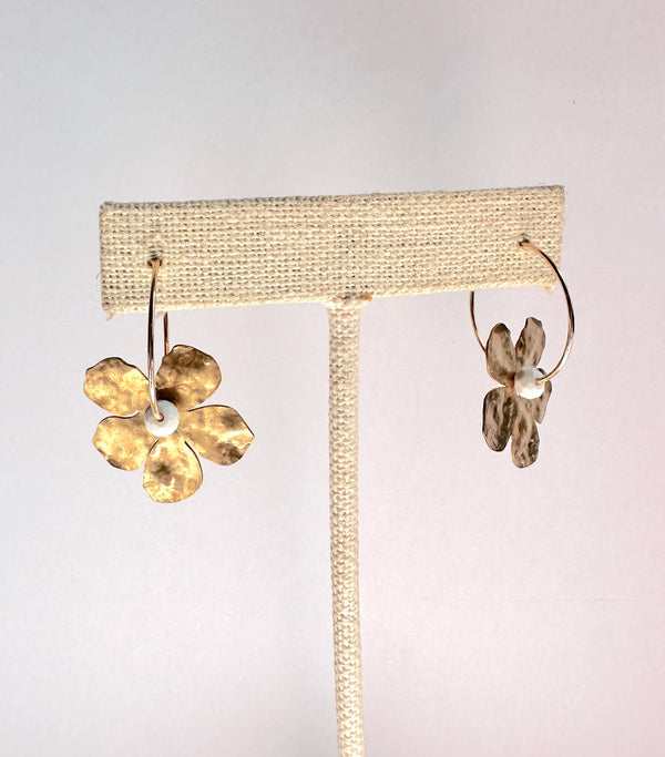 Gold Filled Hoop Hammered Brass Flower Earrings - White