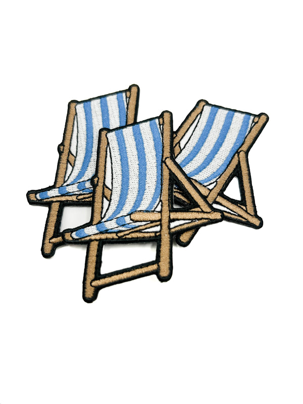 Beach Chair Embroidered Patch Blue White Striped Coastal