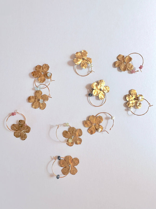 Gold Filled Hoop Hammered Brass Flower Earrings - White