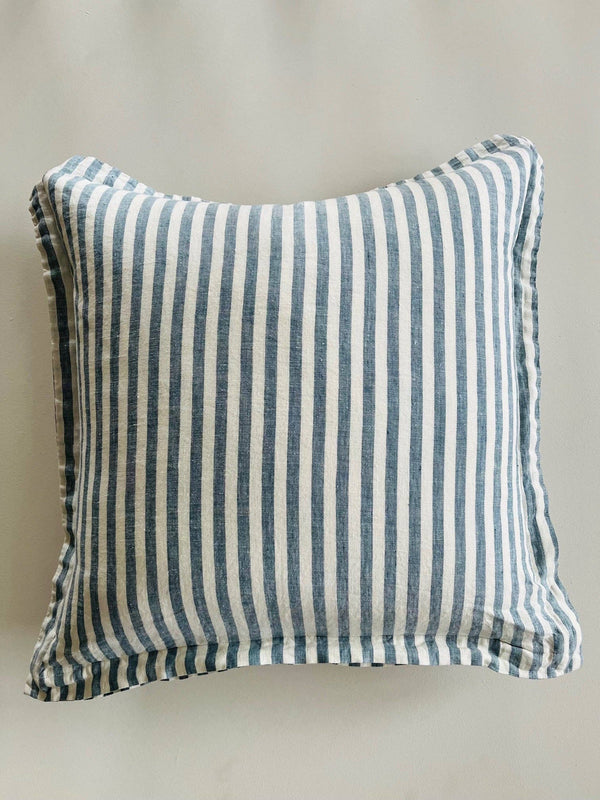 Pure French Linen Cushion Cover with Flange Detail - Stone Blue Stripe