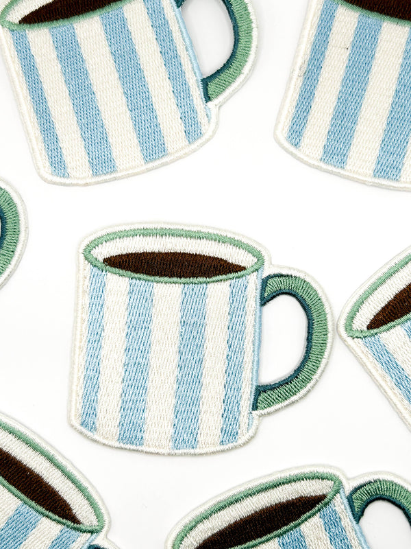 Striped Coffee Mug Embroidered Patch Iron On Cute Camp