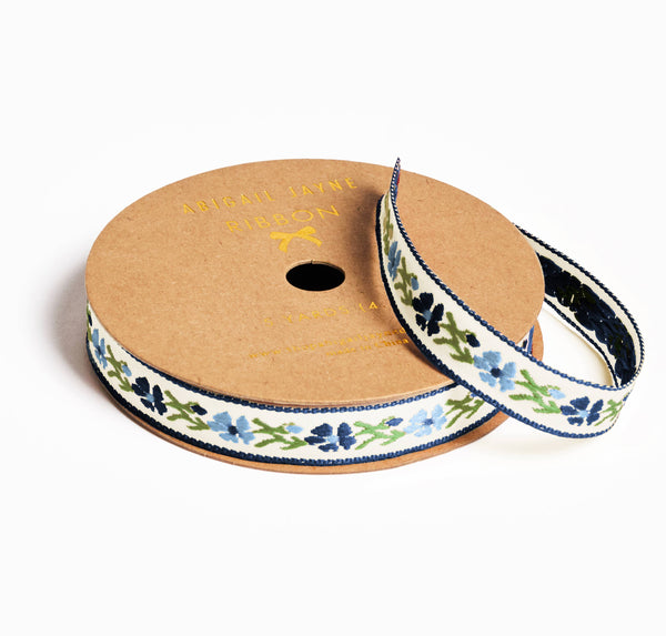 Blue Vine Floral Woven Ribbon