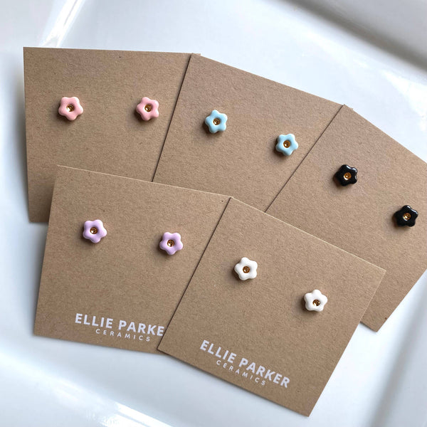 Flower Pink Ceramic Stud Earrings with Gold Lustre