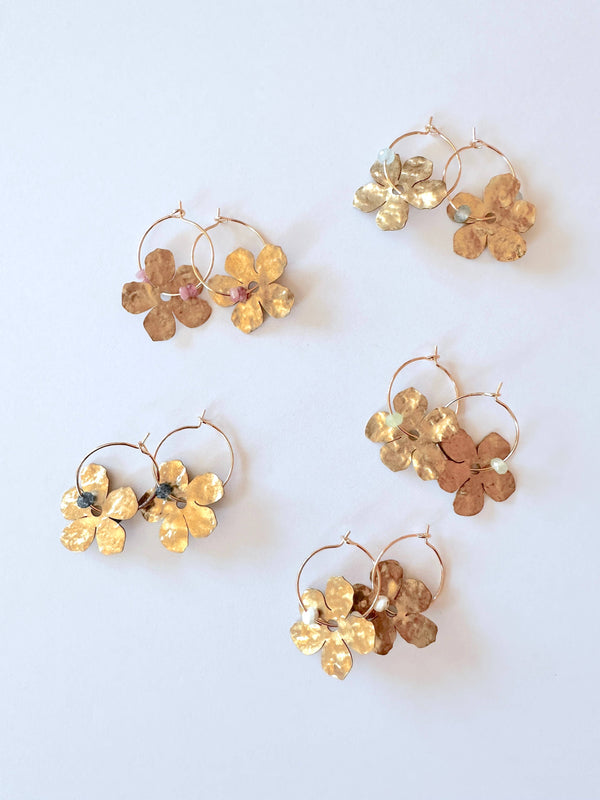 Gold Filled Hoop Hammered Brass Flower Earrings - Light Blue