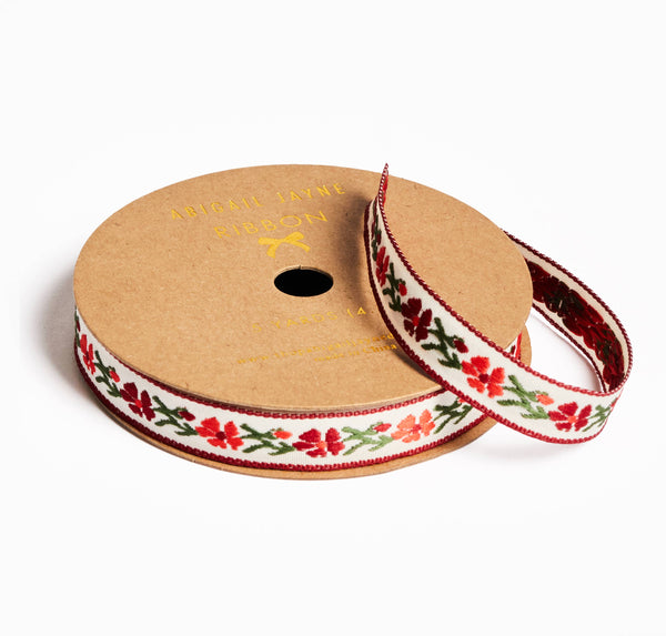 Red Vine Floral Woven Ribbon