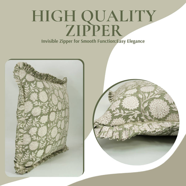 Elegant Thick Cotton White Printed Frill Pillow Cover- Rajat