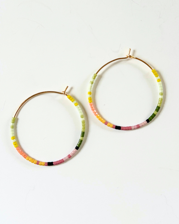 Japanese Glass Beaded Hoop Earrings  - Green, Pink