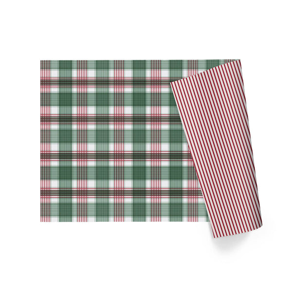 30" x 10' Reversible Holiday Wrapping Paper | Large Red and Green Plaid/Red and White Stripe