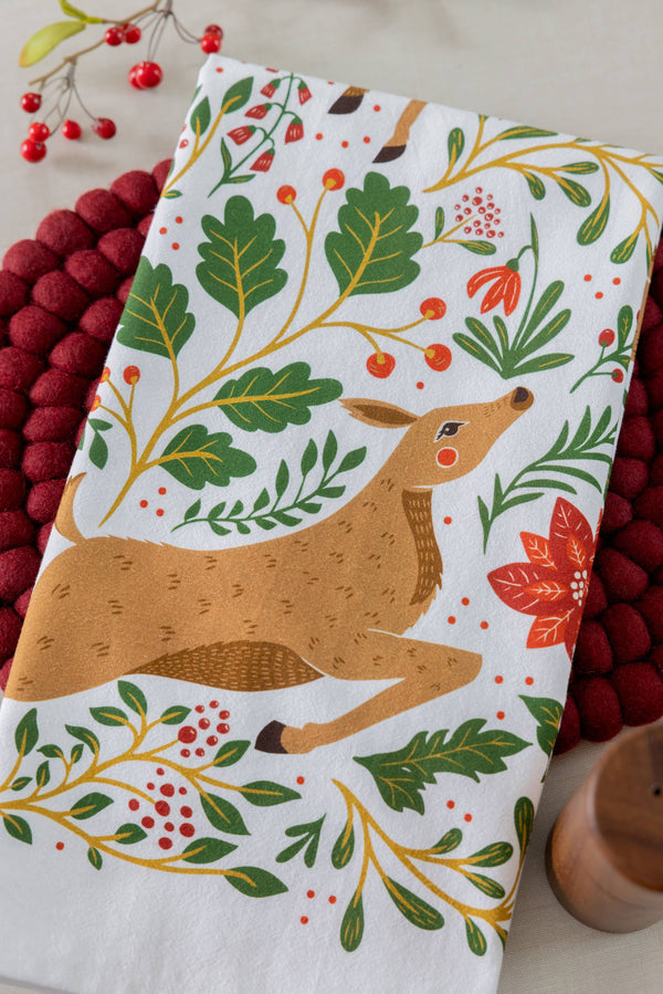 Christmas Forest Tea Towel – Woodland Animals & Poinsettias